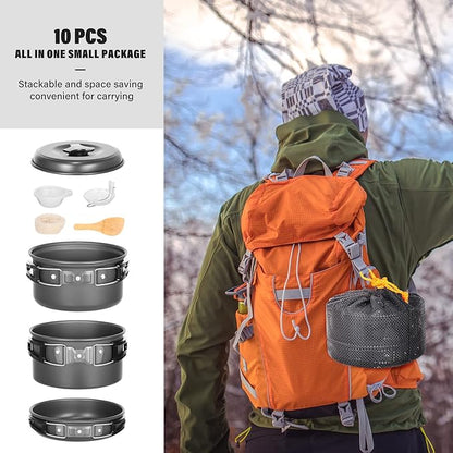 Lixada 10pcs Camping Cookware Mess Kit, Non-Stick Lightweight Stackable Pot Pan Bowls Camping Cooking Set with Storage Bag, Portable Outdoor Cookware Accessories for Backpacking Hiking Picnic