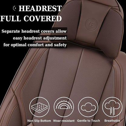 Coverado Front and Back Seat Covers 5 Pieces, Waterproof Nappa Leather Auto Seat Protectors Full Set with Head Pillow, Universal Car Accessories Fit for Most Sedans SUV Pick-up Truck, Brown