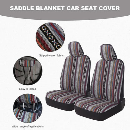 5 PCS Baja Saddle Blanket Car Seat Covers, Front Set Breathable Striped Woven Auto Seat Protector, Hippie Boho Airbag Compatible Seats Covers for Most Cars, SUVs, Trucks