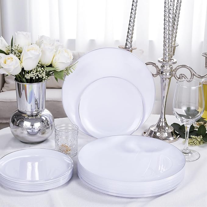 KIRE 200PCS Silver Plastic Plates - White Plastic Plates with Silver Rim Include 100 Dinner Plate and 100 for Dessert/Salad Plate for Birthday/Wedding/Party for Christmas