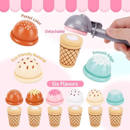 Wooden Ice Cream Toys for Toddlers 3-5, Kids Wooden Toys Play Kitchen Accessories, Play Food Sets for Kids Kitchen, Pretend Play Toys Gifts for 3 4 5 Year Old Girls Boys Birthday Christmas