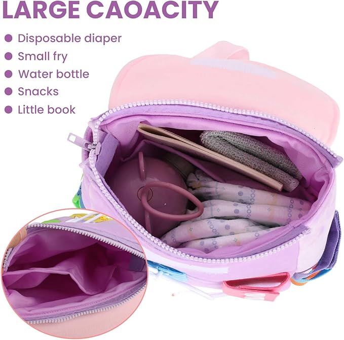 Busy Board - Toddler Backpack with Buckles and Learning Activity Toys - Develop Fine Motor Skills and Basic Life Skills - Learn to Tie Shoes - Children's Travel Toy (Purple)
