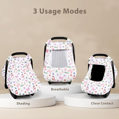 Pea Pod Car Seat Cover Baby, Infant Car Seat Canopy Covers with 2 Layers Windows of Breathable Mesh Fabric, Lightweight Polyester, Soft Minky Dot Backing (Butterfly Pattern)