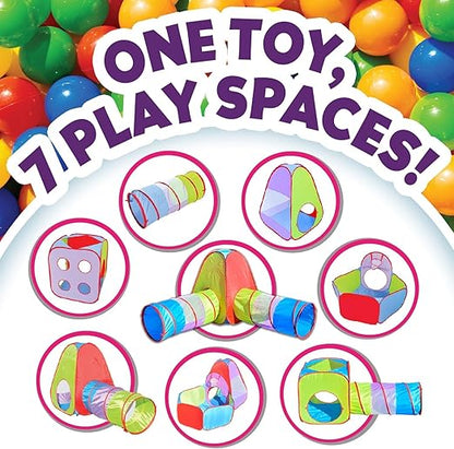 Hide and Slide 7pc Kids Ball Pit Play Tent and 20 Balls, Toddler Jungle Gym Play Tent Crawl Tunnel Toy for Babies Infant Children, Birthday Gift Girls Boys, Indoor Outdoor Gift, Portable Play Center