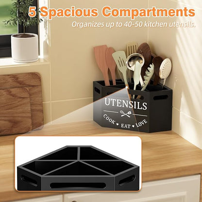 Kitchen Utensils Holder with 5 Compartments, Corner Utensil Caddy