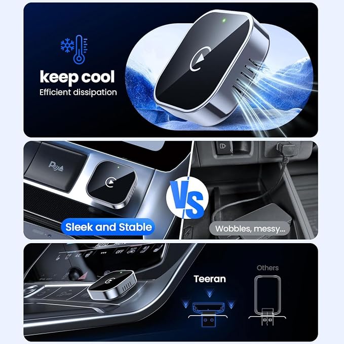 2 in 1 CarPlay Adapter for Passat S SE SEL R-Line, CarPlay Wireless Adapter with Auto Reconnect Fast Pairing Bluetooth Connection Compact USB Dongle,A/Silver-Side Heat Dissipation