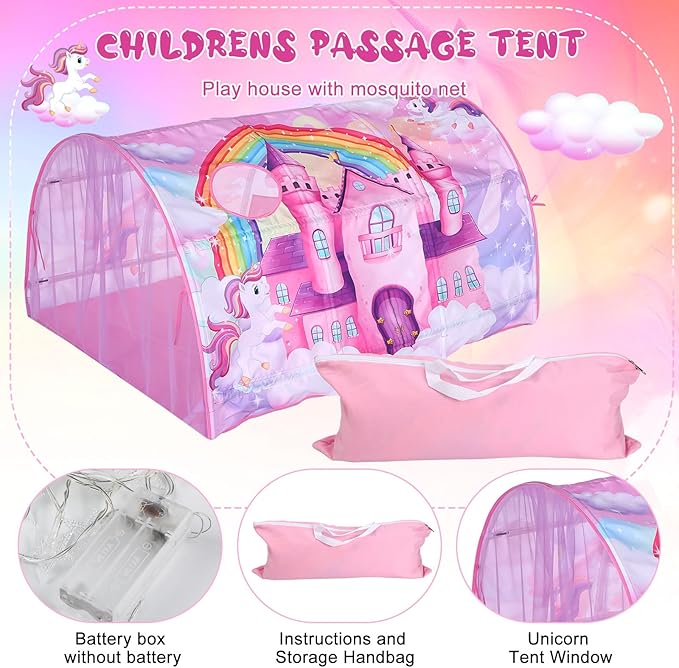Unicorn Bed Tent for Kids Large Kids Twin Tent Toddler Play Bed with Carry Bag Foldable with String Lights for Girls Boys Bedroom Indoor Games