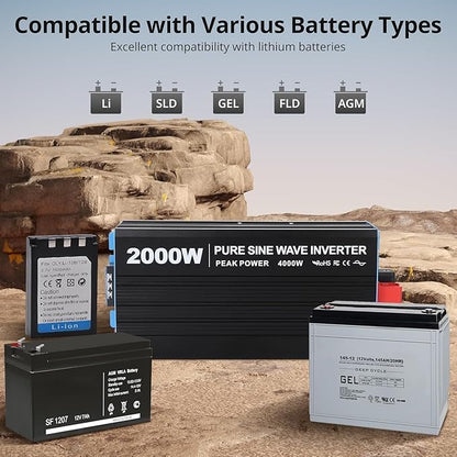 2000W Pure Sine Wave Inverter, 1 USB Port 5v/2.1a, LCD Display&Remote Controller