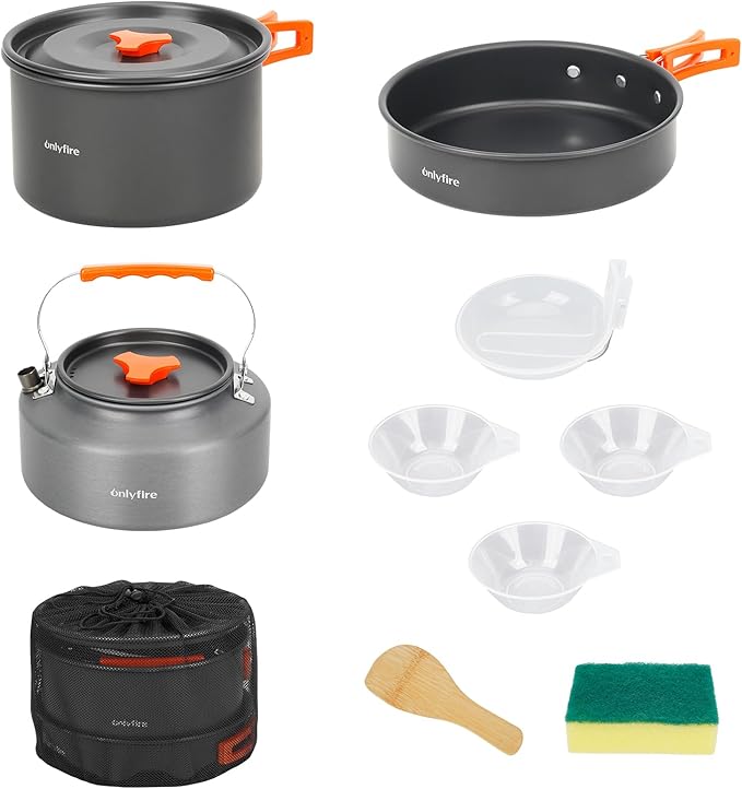 Onlyfire 10pcs Camping Cookware Mess Kit, Non-Stick Lightweight Pot Pan Kettle Set with Plates Forks Knives Spoons for Camping, Backpacking, Outdoor Cooking and Picnic CT603