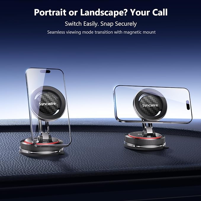 SYNCWIRE for MagSafe Car Mount [2-Axis Design] Nano Adhesive Gel + Suction Cup Magnetic Phone Holder for Dashboard & Windshield, 360° Adjustable for iPhone 17 16 15 14 13 12 11, Samsung, Carbon Fiber