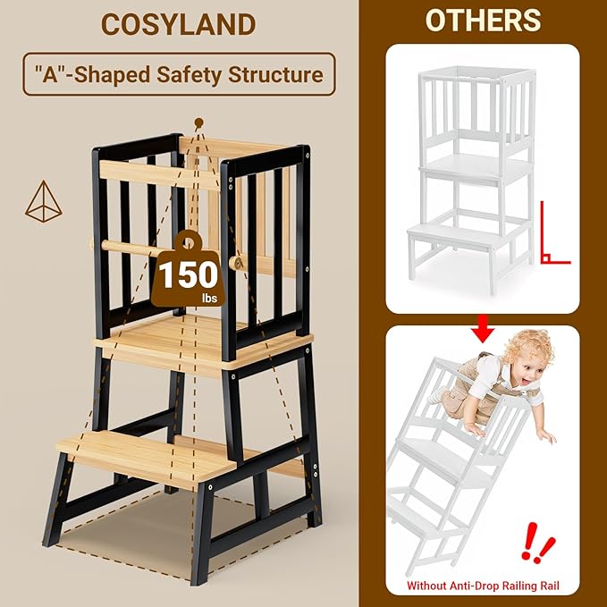 COSYLAND Toddler Kitchen Stool Helper – Stable A-Frame Design Kids Kitchen Step Stool with Protective Crossbar – Wooden Toddler Standing Tower for Learning in Bathroom (Black & Natural)