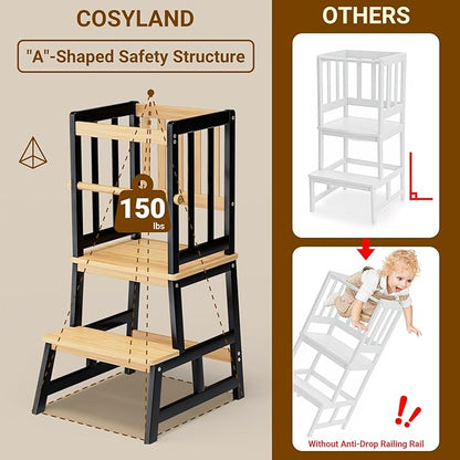 COSYLAND Toddler Kitchen Stool Helper – Stable A-Frame Design Kids Kitchen Step Stool with Protective Crossbar – Wooden Toddler Standing Tower for Learning in Bathroom (Black & Natural)