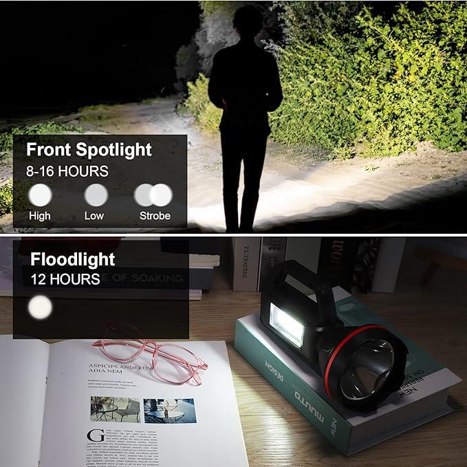 Rechargeable Spotlight Flashlight, High Lumens Handheld Spotlight,LED Searchlight with Shoulder Strap and USB Output for During Hurricane,Emergency, Storms, Outages,Hunting, Hiking, Camping(Black1)