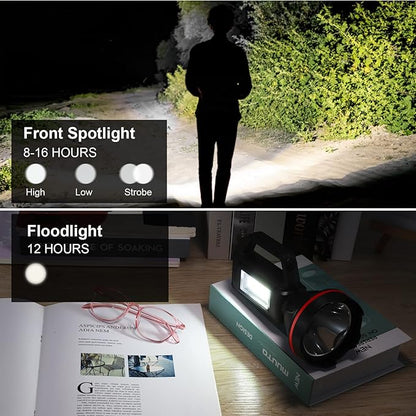 Rechargeable Spotlight Flashlight, High Lumens Handheld Spotlight,LED Searchlight with Shoulder Strap and USB Output for During Hurricane,Emergency, Storms, Outages,Hunting, Hiking, Camping(Black1)