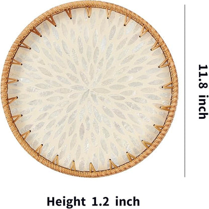 Round Rattan Tray with Mother of Pearl Inlay & Wooden Base