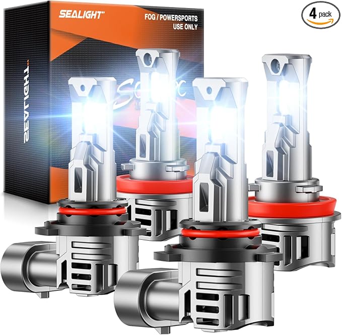 SEALIGHT 9005/HB3 H11 Fog Light Bulbs, 80000LM 6500K Cool White, 1:1 Mini Size, 9005 H11 Bulb with 13000RPM Cooling Fan, 3 Mins Plug-N-Play, IP67 Waterproof Non-polarity, Pack of 4