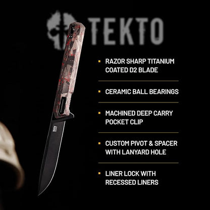 F2 Bravo Folding Pocket Knife - D2 Steel Blade, Ceramic Ball Bearings - EDC - Snap, Swift Flip for Camping - 2.4oz (68g), Forged Ember Handle, Black Titanium Accents (Tactical Patch Included)