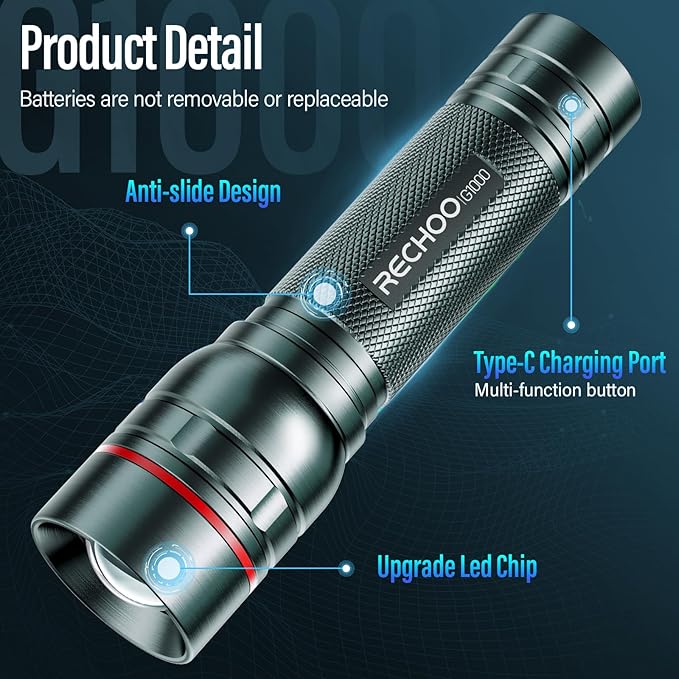 Rechargeable Flashlights High Lumens, G1000 Super Bright Flash Light Grey, Small Zoomable LED Flashlight with 3 Lighting Modes, Portable Tactical Flashlight for Camping Essentials (Battery Included)