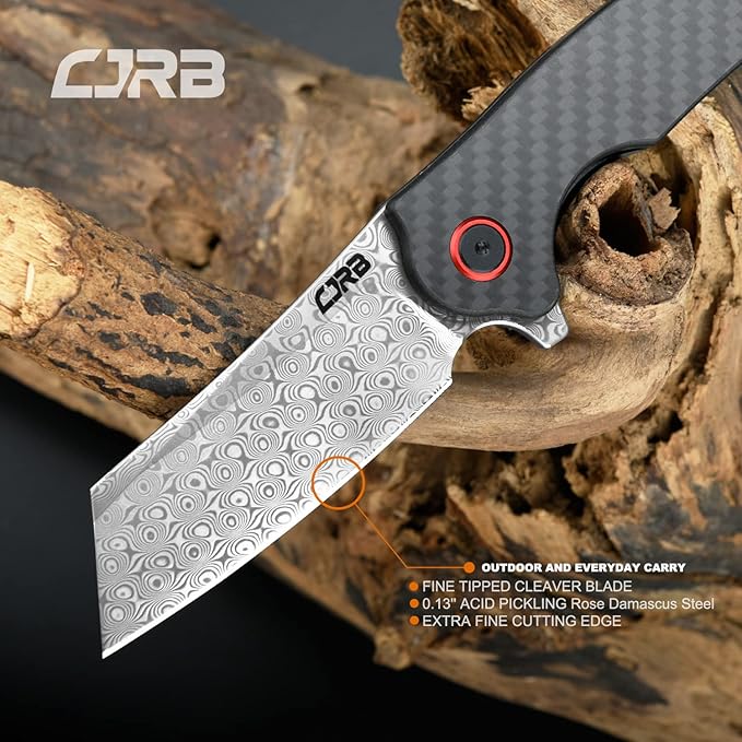 CJRB Crag Folding Pocket Knife, 3.43" Rose Damascus steel Blade Carbon Fiber Handle EDC Knife with Pocket Clip for Men Women Camping Survival Hiking, Damascus (J1904)