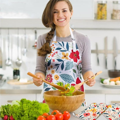 8 Pcs Kitchen Stuff Accessories Include 5 Cute Wooden Spoons & 1 Floral Kitchen