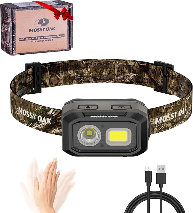 Mossy Oak 600 Lumens LED Headlamp, Dual Power Source, Motion Sensor Head Lamp with Magnetic Base, Stepless Dimming, Memory Mode for Camping, Running, Hiking