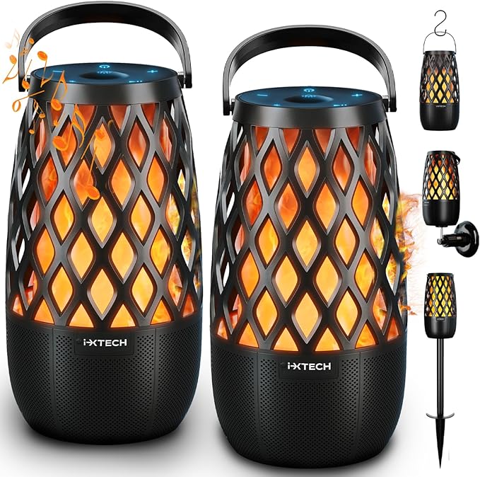 IXTECH Outdoor Bluetooth Speaker Waterproof Wireless Portable Speaker with LED Flame Lights Linkable Torch Lantern for Party Pool Camping Halloween Christmas Birthday Gift 2 Pack