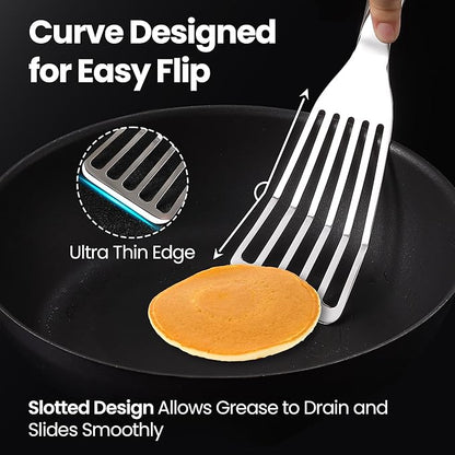 Stainless Steel Fish Spatula Set – 1 Large Fish Turner + 1 Small Metal Spatula, Ultra Thin Edge for Easy Turning & Flipping, Metal Kitchen Untensils with Ergonomic Non-Slip Handle, Dishwasher Safe