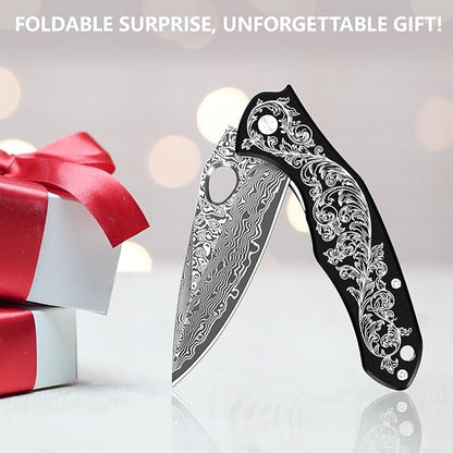 KOMWERO Damascus Pocket Knife with 2.95" VG10 Steel Blade, Folding Knife with Aluminum Alloy Non-Slip Handle, EDC Knife with Leather Sheath and Pocket Clip for Men Women Camping Survival Hiking