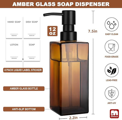 GMISUN Amber Glass Soap Dispenser, 2 Pack Hand Soap Dispenser Bathroom