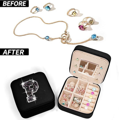 Travel Jewelry Case - Personalized Jewelry Box for Women,Small Jewelry Organizer Cute Jewelry Organizers and Storage Aesthetic,Travel Essentials Birthday Gifts for Girls Women | Black,P