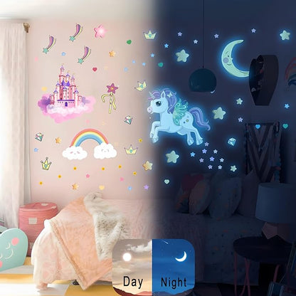 Glow in The Dark Stars and Unicorn Wall Decals, Glowing Castle Moon and Rainbow Stickers, 174 pcs Luminous Ceiling Decor for Kids Bedroom, Decoration for Girls and Boys Room (Blue)