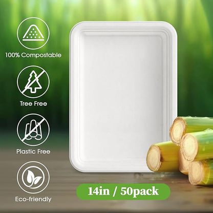 ECOLipak 50 Pack 14 Inch Disposable Food Crawfish Trays, Compostable Large Paper Plates, Disposable Thanksgiving Trays for Serving Food, Turkey, BBQ, Seafood Boil Party Supplies(White)