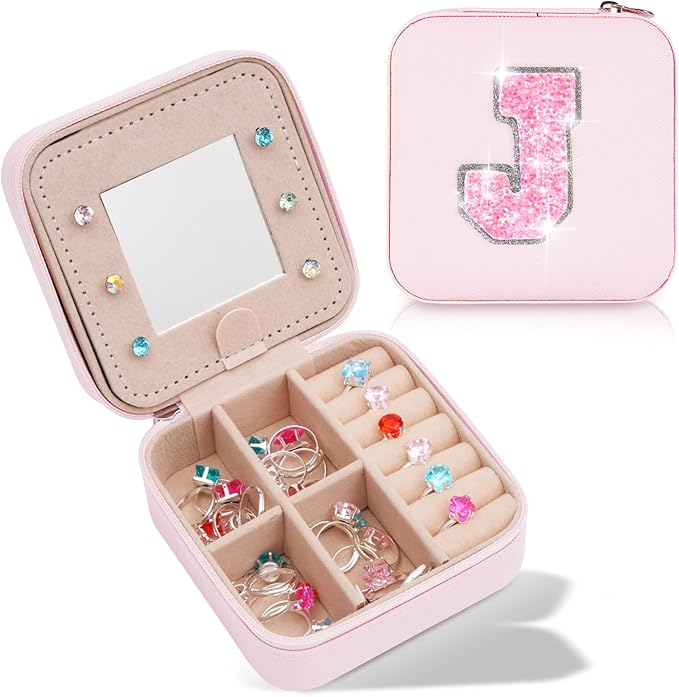 Travel Jewelry Case - Personalized Jewelry Box for Women,Small Jewelry Organizer Cute Jewelry Organizers and Storage Aesthetic,Travel Essentials Birthday Gifts for Girls Women | Pink,J