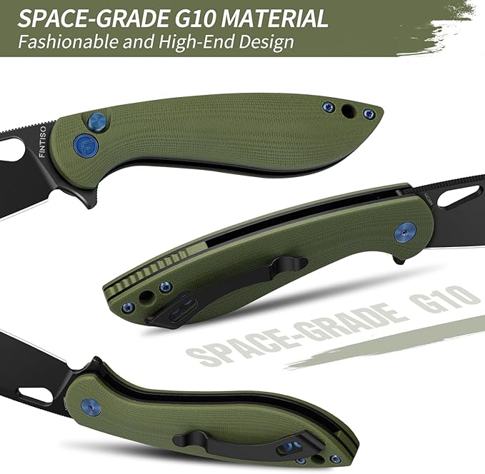 FINTISO Pocket Knife, 3.1" Premium 14C28N Blade Folding Knife with Button Lock, EDC Knife with G10 Handle for Camping, Hunting, Survival, Best Gift for Men Women