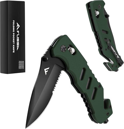 FLISSA Folding Pocket Knife with Clip, Glass Breaker and Seatbelt Cutter, Survival Knife for Emergency Rescue Situations, EDC Knife for Tactical, Hunting, Camping, Outdoor, Unique Gifts for Dad, Father-Green