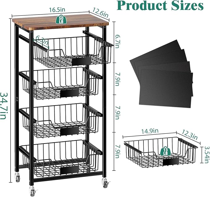 Kitchen Storage Cart with Wheels, 5-Tier Metal Utility Rolling Cart Fruit