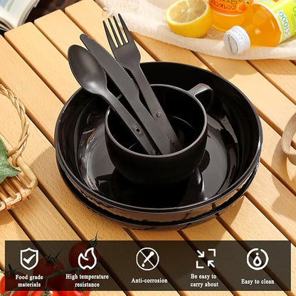 Berglander Camping Mess Kit with Bowl, Plate, Cup, Spoon, Fork, Knife and Carry Bag, Plastic Camping Accessories Essentials Gear for Travel, Camping, Picnic, Outdoor, Easy to Carry & Store