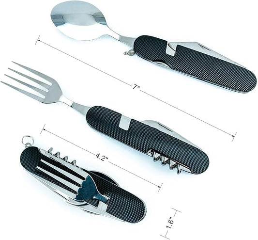 Cluck 6-in-1 Multi-Function Camping Utensil Flatware Set Detachable Spoon Fork Knife Combo Mess Kit with Carrying Pouch (Red + Black)