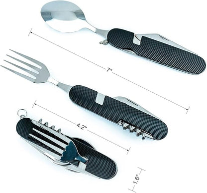 6-in-1 Multi-Function Camping Utensil Flatware Set Detachable Spoon Fork Knife Combo Mess Kit with Carrying Pouch (Black + Gold + Green)
