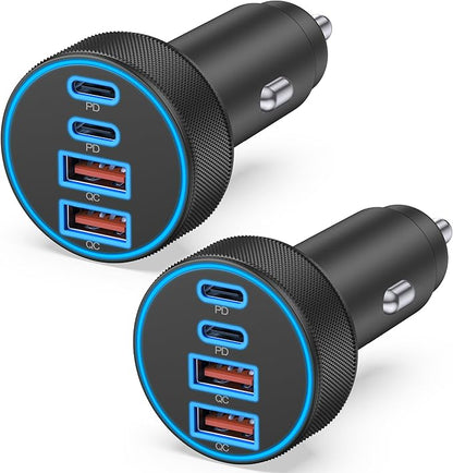 [2-Pack] Car Charger USB C, 4 in 1 90W Fast Charging 4-Port Dual 45W USBC & USB A Phone Car Charger Cargador Carro Lighter Adapter for iPhone 17 16 15 14 13 12 Pro Max, iPad, Galaxy, Tablet, Android