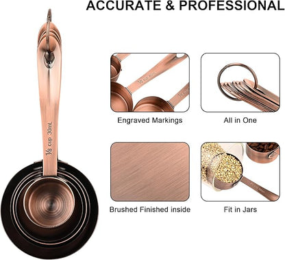 Copper Measuring Cups and Spoons Set 17 for Dry & Liquid, Metric & Us Stainless Steel Measuring Cups and Spoons Set with Leveler for Kitchen & Baking with 3/4 & 2/3 Measurer Cup