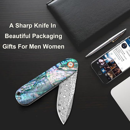 Damascus Pocket Knife with Sheath 2.95" Damascus Steel Blade Folding Knife with Abalone Shell Handle EDC Pocket Knives for Men Women Outdoor Indoor Camping