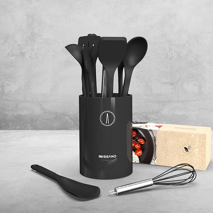 Silicone Cooking Utensils Set - 600°F Heat Resistant, Nonstick Kitchen Utensil Set with Spatulas, Spoons, Whisk, Tongs, BPA Free, Dishwasher Safe, Black