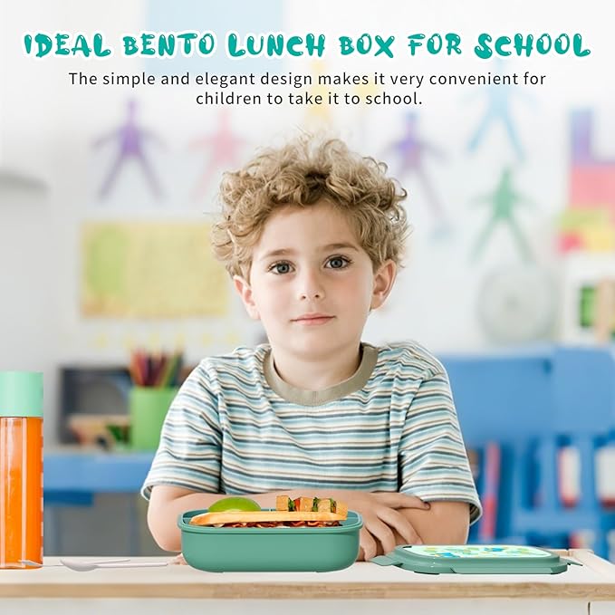 Bento Lunch Box with Kids & Children, Stackable Lunchbox Container with 3-Compartment, Durable for On-the-Go Meal, BPA-Free and Food-Safe Materials (Green)