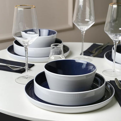 Stone Lain Elica 12-Piece Modern Dinnerware Set Stoneware, Plates and Bowl Sets for 4, Navy and White