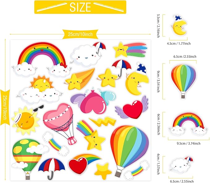 20 PCS Rainbow Thick Gel Clings for Classroom Realistic Window Gel Clings Decal Stickers for Kids Toddlers and Adults Home Airplane Nursery Rainbow Party Supplies Removable and Reusable