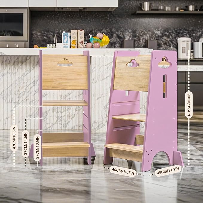 COSYLAND Toddler Standing Tower Adjustable Height - Super Stable Kids Kitchen Stool Helper - 3 Levels Adjustable Wooden Toddler Kitchen Stool (Natural & Pink)