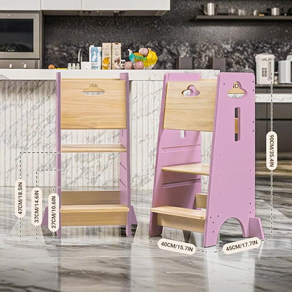 COSYLAND Toddler Standing Tower Adjustable Height - Super Stable Kids Kitchen Stool Helper - 3 Levels Adjustable Wooden Toddler Kitchen Stool (Natural & Pink)