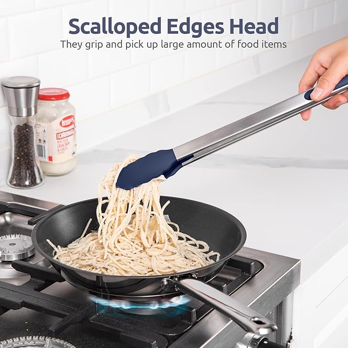 600ºF Heat Resistant Kitchen Tongs: U-Taste 16 in Extra Long Large Silicone Cooking Tong with Non Stick Rubber Tips & Non Slip Silicon Coated 18/8 Stainless Steel Handle for Grill BBQ (Midnight Blue)