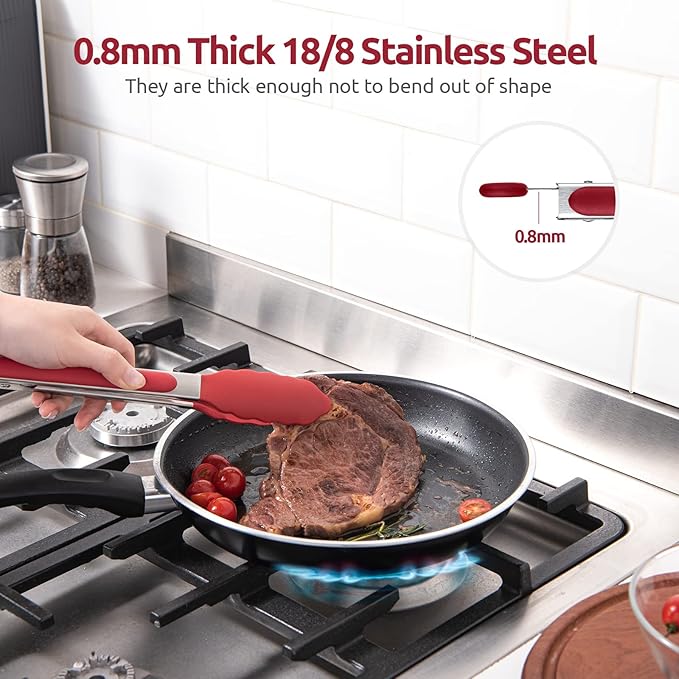600ºF Heat Resistant Kitchen Tongs: U-Taste 9 inch Silicone Cooking Tong with Firm Sealed Non Stick Rubber Tips & Silicon Coated 18/8 Stainless Steel Handle & Smooth Locking for Serving Salad (Red)